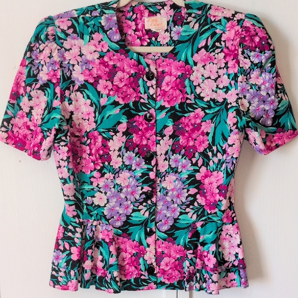 Vintage Lady Carol of New York Floral Button Down Peplum Ruffled Blouse Size 14